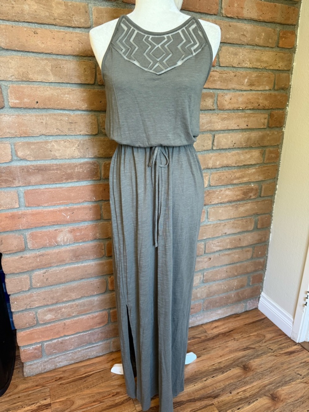 Maxi Dress with Embroidered Yoke in Olive Gray